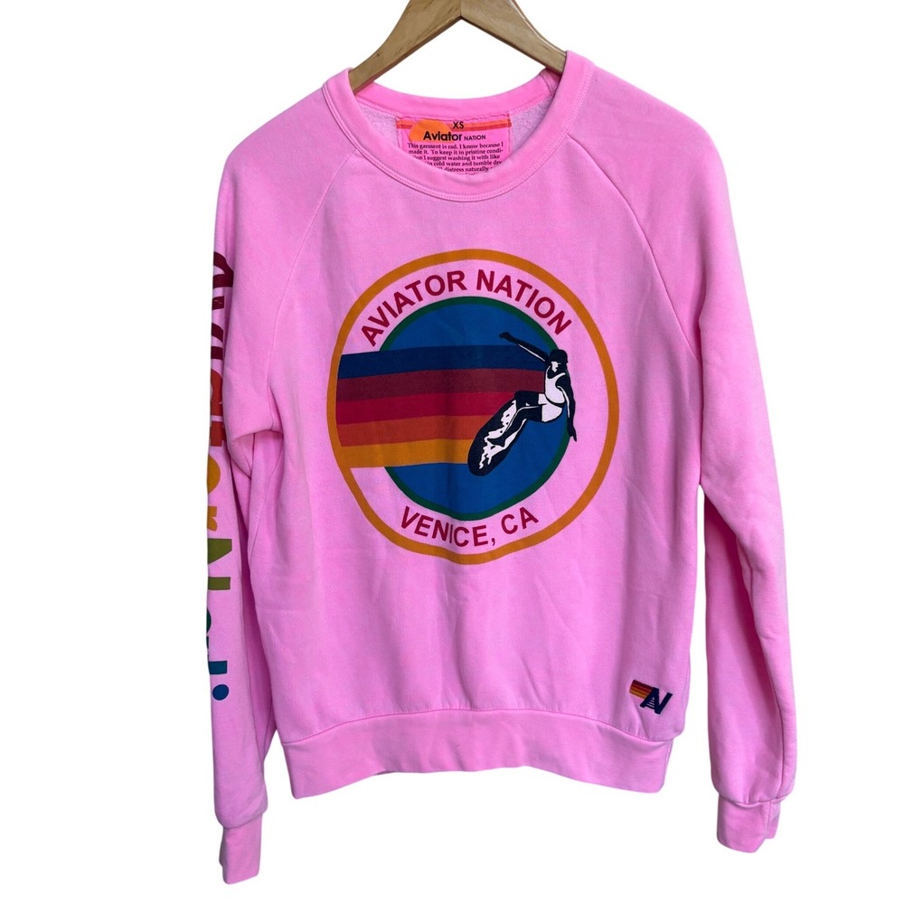 Aviator Nation Venice CA Surfer Logo Crewneck Sweatshirt Pink XS Raglan Sleeve